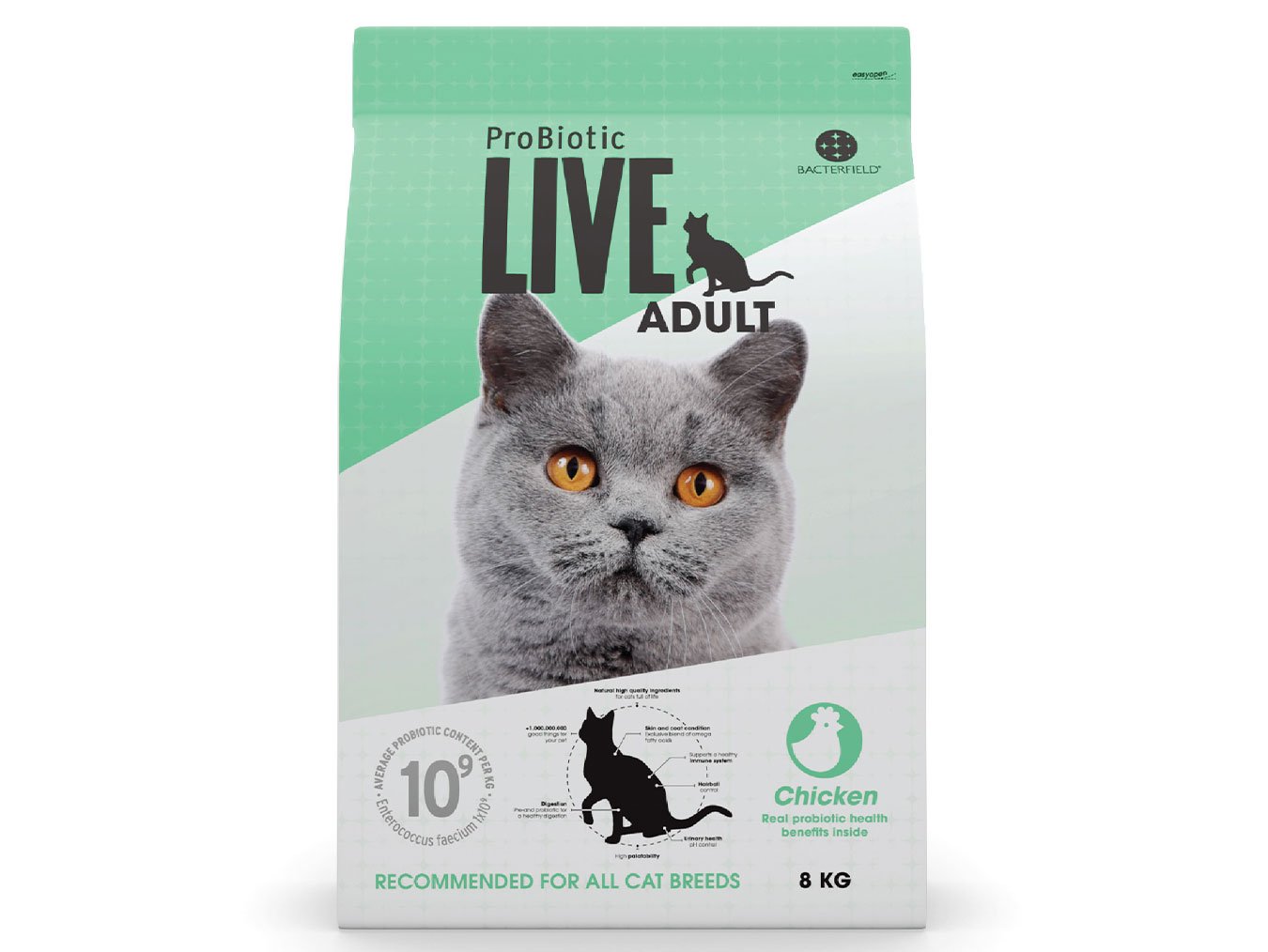 Packaging of ProBiotic LIVE Adult Chicken Dry Cat Food, 8 kg bag with green design and grey cat image, suitable for all cat breeds.
