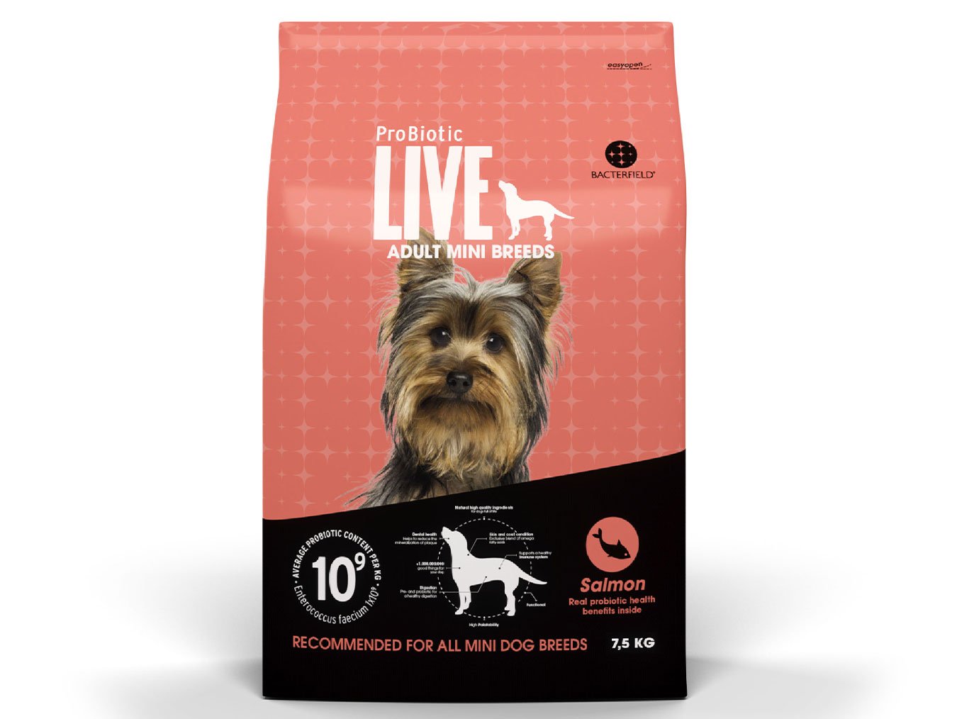 Packaging of ProBiotic LIVE salmon-flavored dog food for adult mini breeds featuring a Yorkshire Terrier, with icons indicating 10% protein content and suitability for all mini dog breeds.
