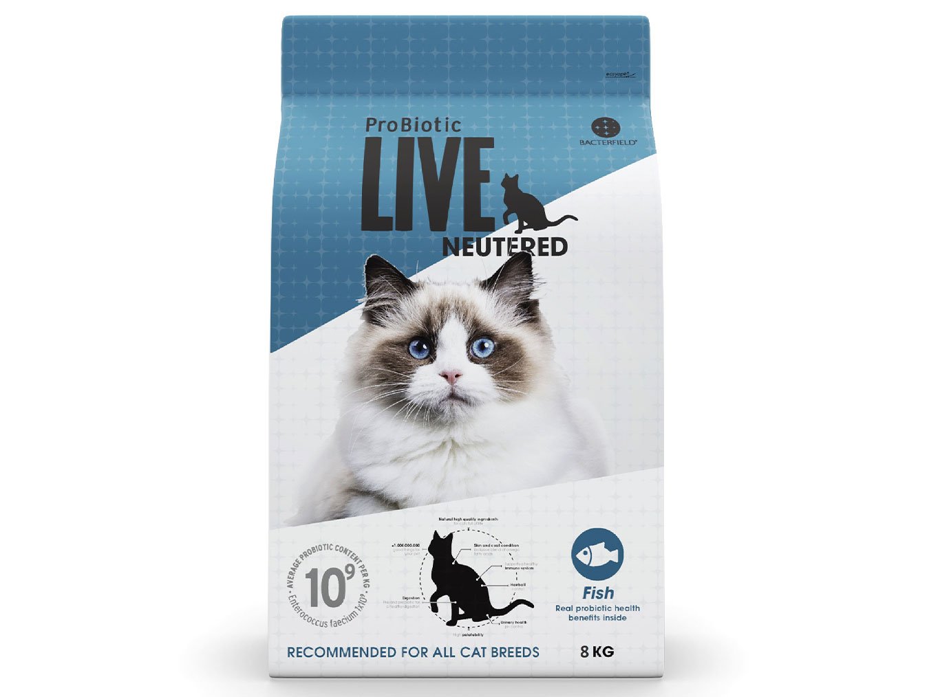 Image of a blue and white package of ProBiotic LIVE Neutered Dry Cat Food featuring a Ragdoll cat and icons indicating fish flavor, dental health benefits, and suitability for all cat breeds.