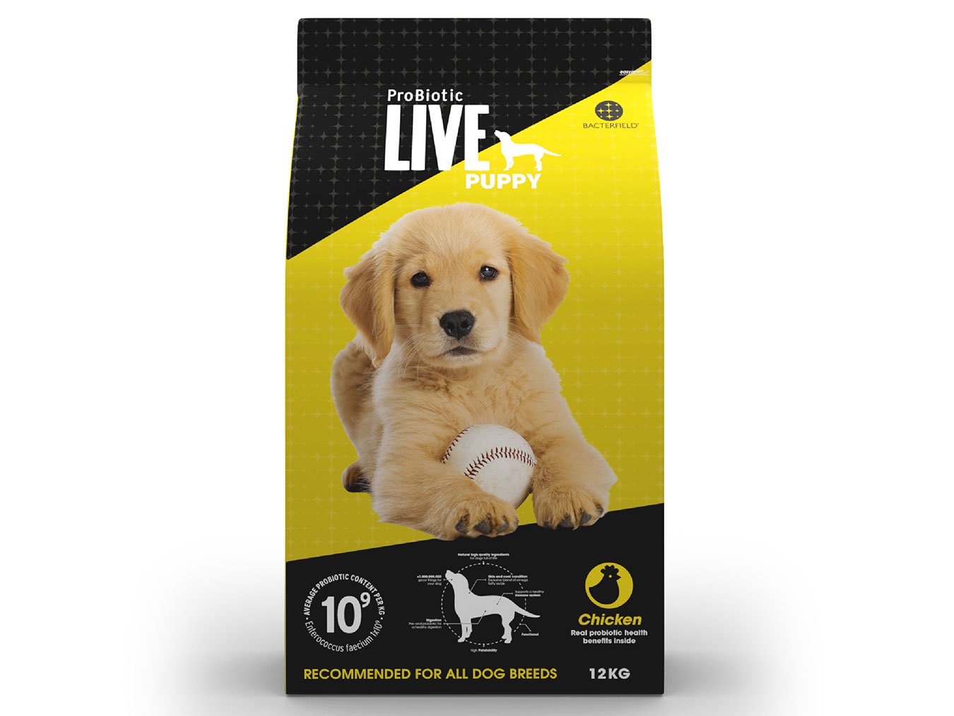 Packaging of ProBiotic LIVE Puppy Chicken featuring a yellow Labrador puppy holding a white ball, with prominent chicken flavor, suitable for all dog breeds, 12KG bag.