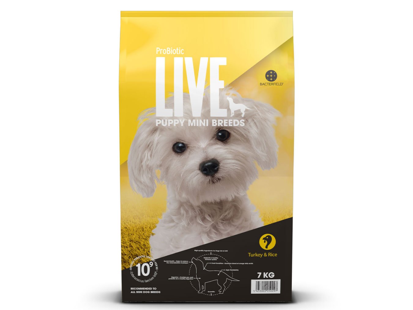 Yellow packaging for ProBiotic LIVE Puppy Mini Breeds with Turkey & Rice flavor, featuring probiotics icon and adult weight guide for mini breeds up to 10kg.