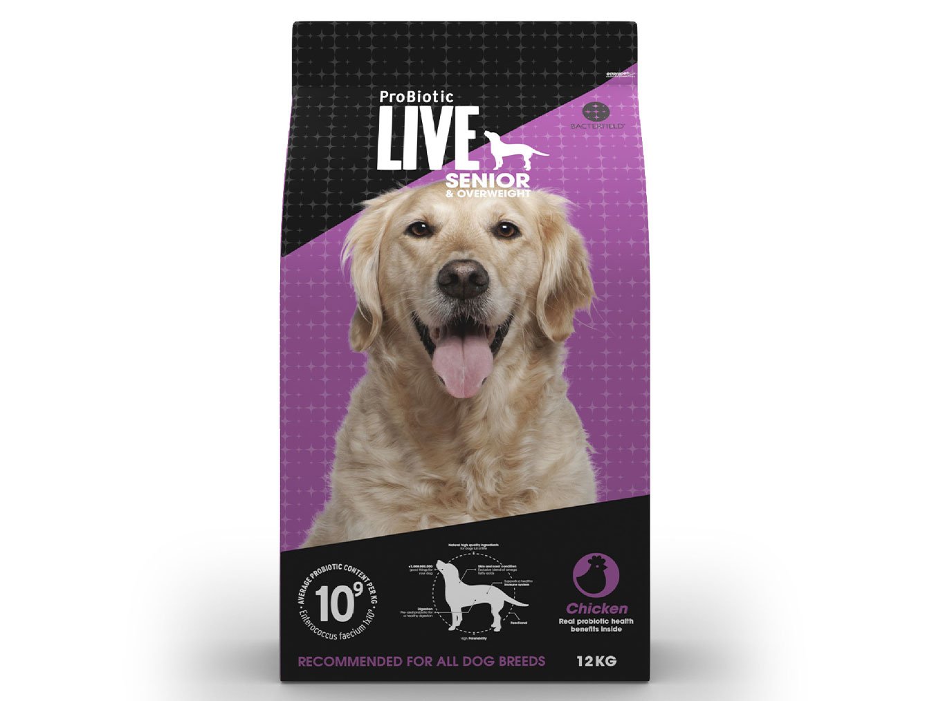 Packaging of ProBiotic LIVE Senior & Overweight Chicken formula featuring a happy golden retriever, weight management icons, and a 10% more probiotics guarantee.