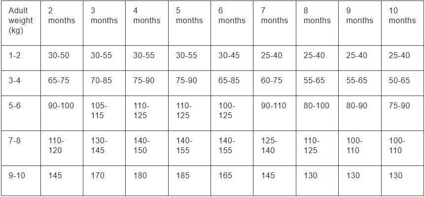 Feeding guide chart for dogs based on weight and age, detailing recommended daily feeding amounts in grams.