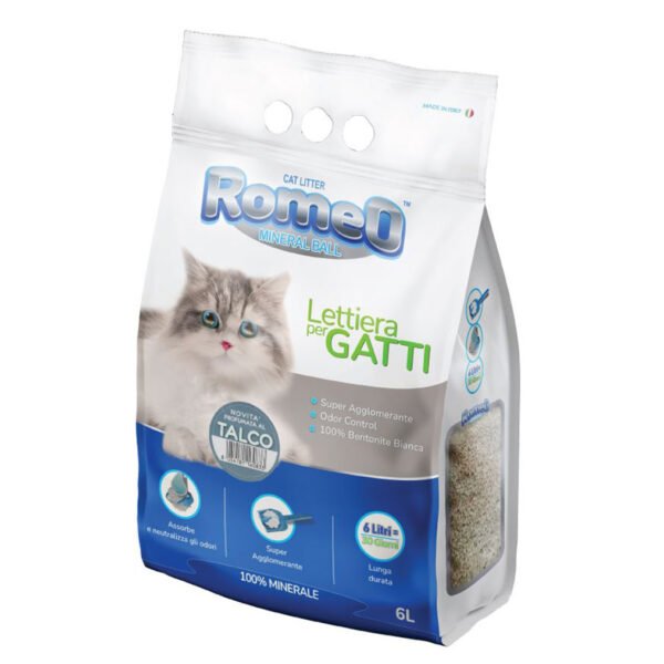 Image of a white and blue Romeo brand cat litter bag featuring an image of a white cat, with talc scent label, highlighting its super absorbent, odor control, and antibacterial properties. The bag indicates a 6-liter volume and 100% natural mineral composition.