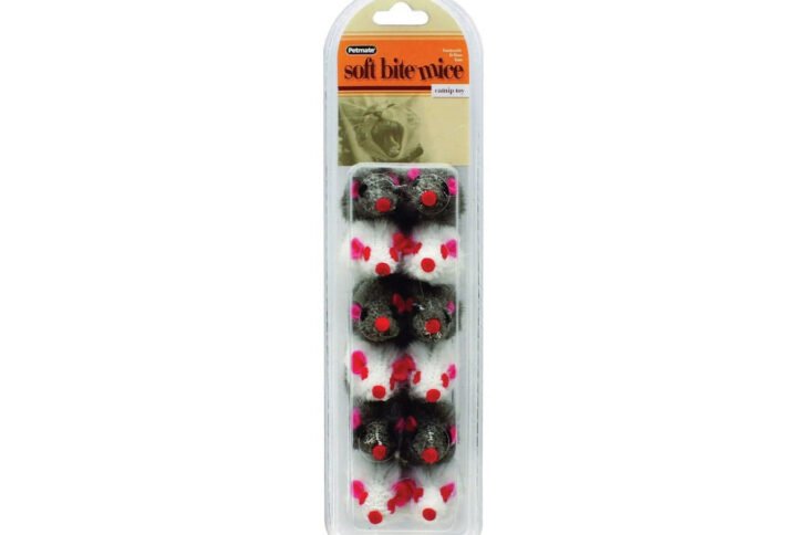 Packaging of Petmate Soft Bite Mice cat toys featuring six black plush mice with pink ears and red noses, infused with catnip.