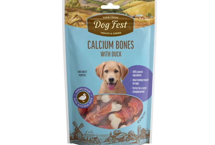Package of Dog Fest Calcium Bones with Duck treats for puppies, featuring bone-shaped treats and a happy puppy