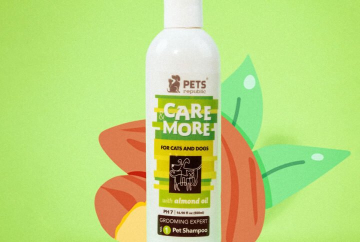 Pets Republic Care & More 500ml Shampoo bottle with almond oil, cleans, conditions, deodorizes, moisturizes, and detangles