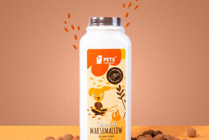 Pets Republic Caramel Marshmallow 200ml Dry Powder Shampoo bottle with rinse-free formula, removes dirt and neutralizes odor