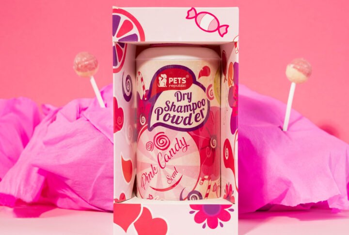 Pets Republic Pink Candy 500ml Dry Powder Shampoo bottle with rinse-free formula, absorbs excess oil, removes dirt, and neutralizes odor