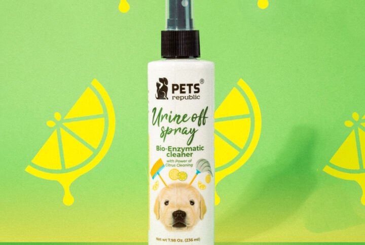 236ml bottle of Pets Republic Urine Off Spray, a bio-enzymatic cleaner with citrus for dog and puppy potty training