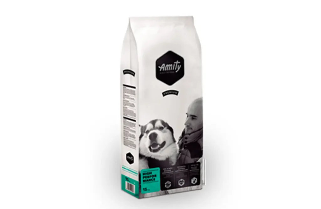 A close-up view of Amity Premium Dog Dry Food High Performance kibble, highlighting the powerful ingredients crafted to fuel working dogs and support their strength, endurance, and recovery.