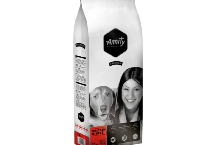 Front view of Amity Premium Chicken & Rice Dog Food bag, highlighting its high-digestibility formula for adult dogs.