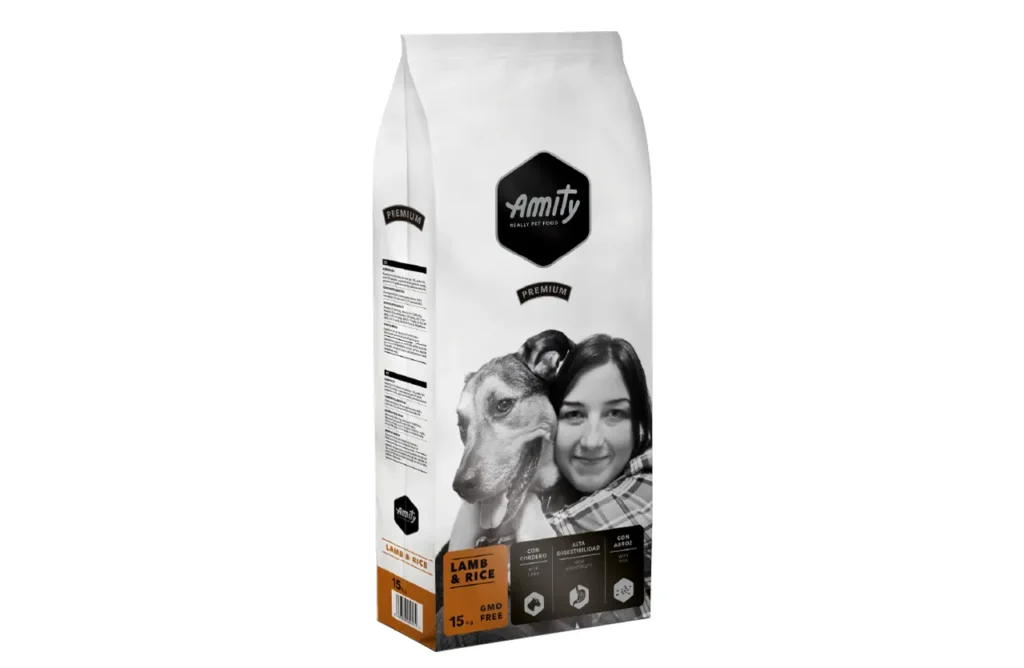 The packaging for Amity Premium Dog Dry Food Lamb & Rice, showcasing the product name and key ingredients, representing the wholesome ingredients like dehydrated lamb protein and rice that provide gentle digestion and lasting energy, along with essential vitamins and minerals for overall health.