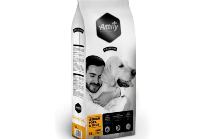 Front view of Amity Premium Iberian Pork & Rice Dog Food bag, highlighting its high-digestibility formula for adult dogs.