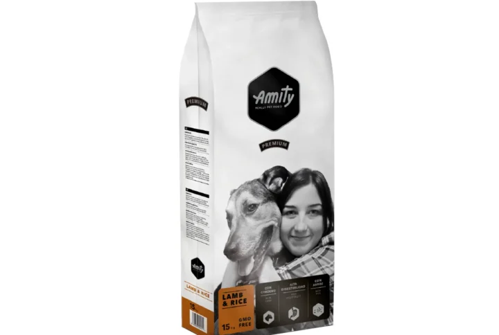 Front view of Amity Premium Lamb & Rice Dog Food bag, highlighting its hypoallergenic formula for adult dogs.