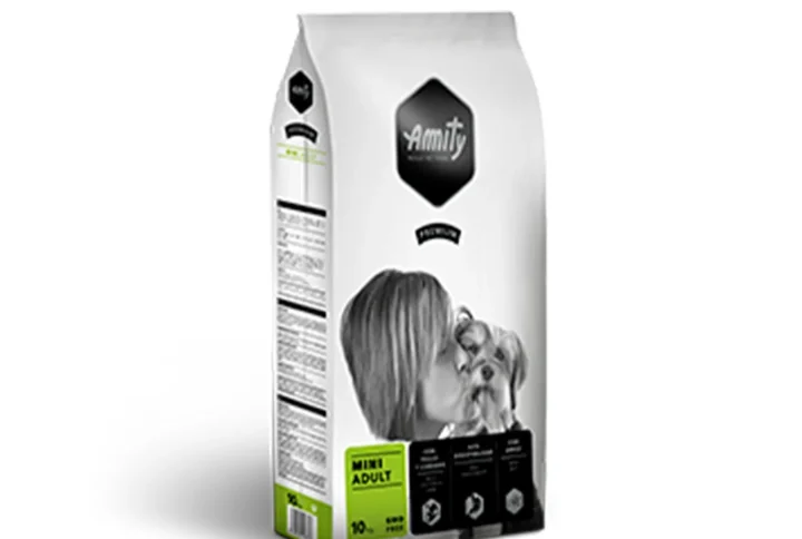 Front view of Amity Premium Mini Adult Dog Food bag, highlighting its tailored nutrition for small breed dogs.