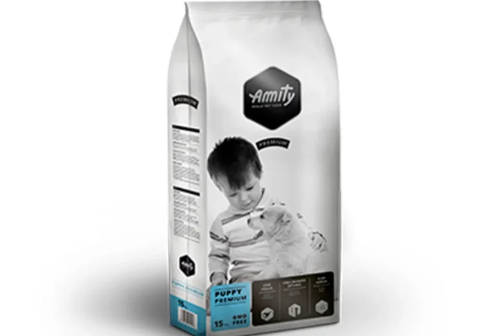 Front view of Amity Premium Puppy Dog Food bag, highlighting its high-protein formula for optimal puppy growth.