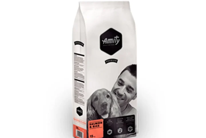 Front view of Amity Premium Salmon & Rice Dog Food bag, highlighting its omega-rich formula for skin and coat health.