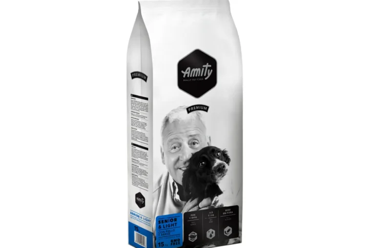 Front view of Amity Premium Senior & Light Dog Food bag, highlighting its weight control and joint support formula for senior and overweight dogs.