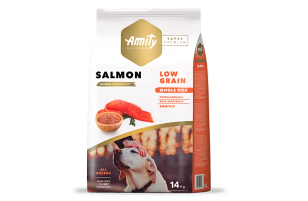 A bag of Amity Super Premium Low Grain Adult Dog Dry Food Salmon, emphasizing its carefully selected ingredients for long-term health benefits, including digestive comfort, joint strength, and sustained energy.