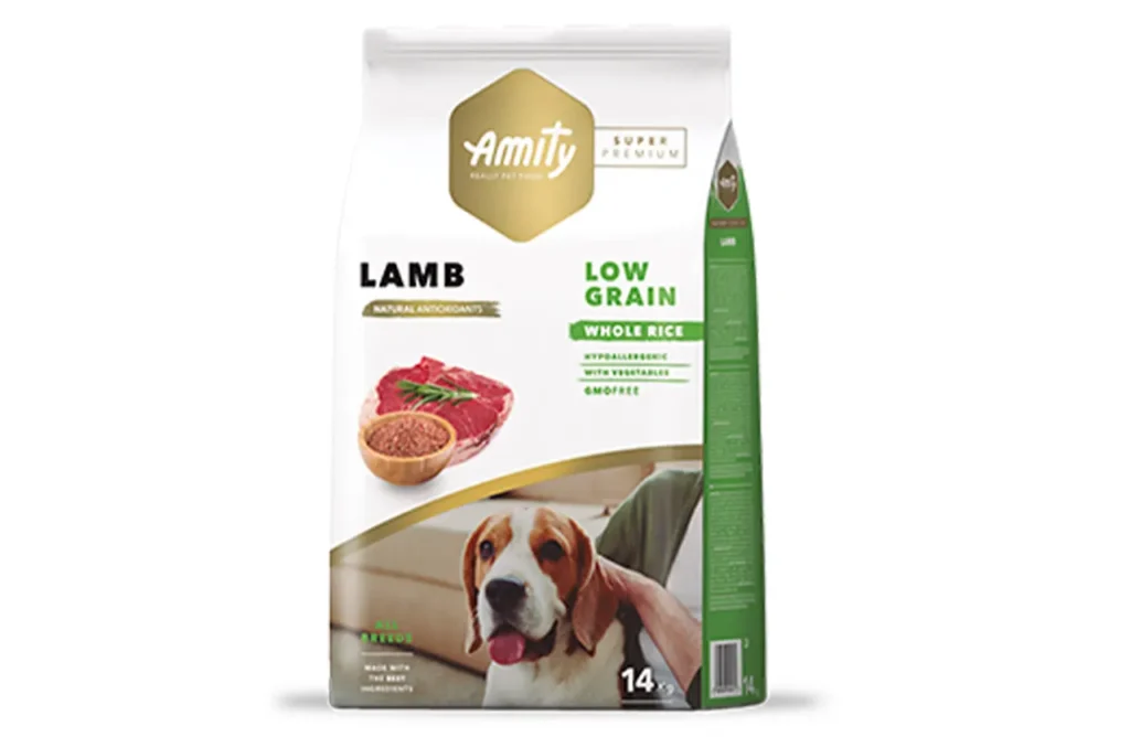 A bag of Amity Super Premium Low Grain Adult Dog Dry Food Lamb, highlighting its carefully selected ingredients for long-term wellness, including digestive comfort, joint strength, and sustained energy.