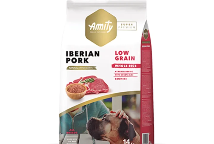 Front view of Amity Super Premium Low Grain Iberian Pork Dog Food bag, highlighting its hypoallergenic formula and joint-supporting nutrients.