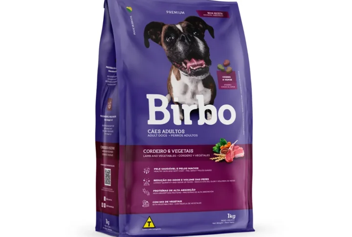 Studio shot of the Birbo Premium Adult Dog Dry Food Lamb & Vegetables bag. The design features a clean layout with a white background, a dog silhouette, and key nutritional benefits.
