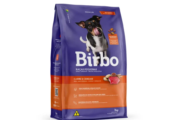 Studio shot of the Birbo Premium Small Breed Dog Food Meat & Cereals bag. The design features a clean layout with a white background, a dog silhouette, and key nutritional benefits.
