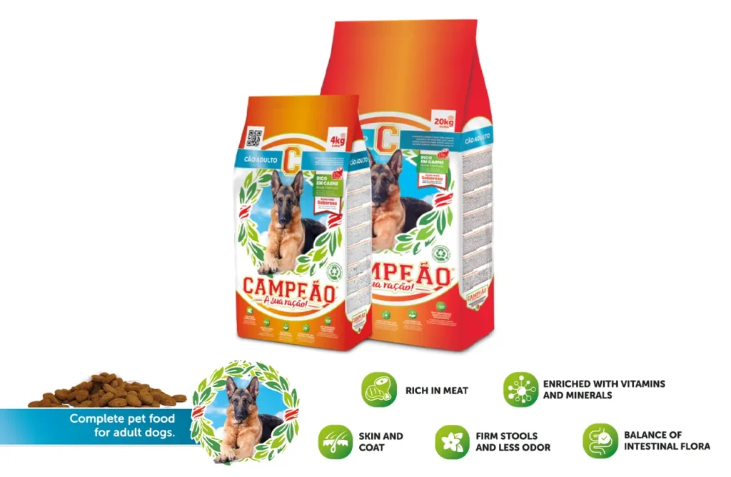 Two bags of Campeao Adult Dog Food with icons indicating benefits like rich in meat, vitamins, skin and coat health, firm stools and less odor, and balanced intestinal flora.