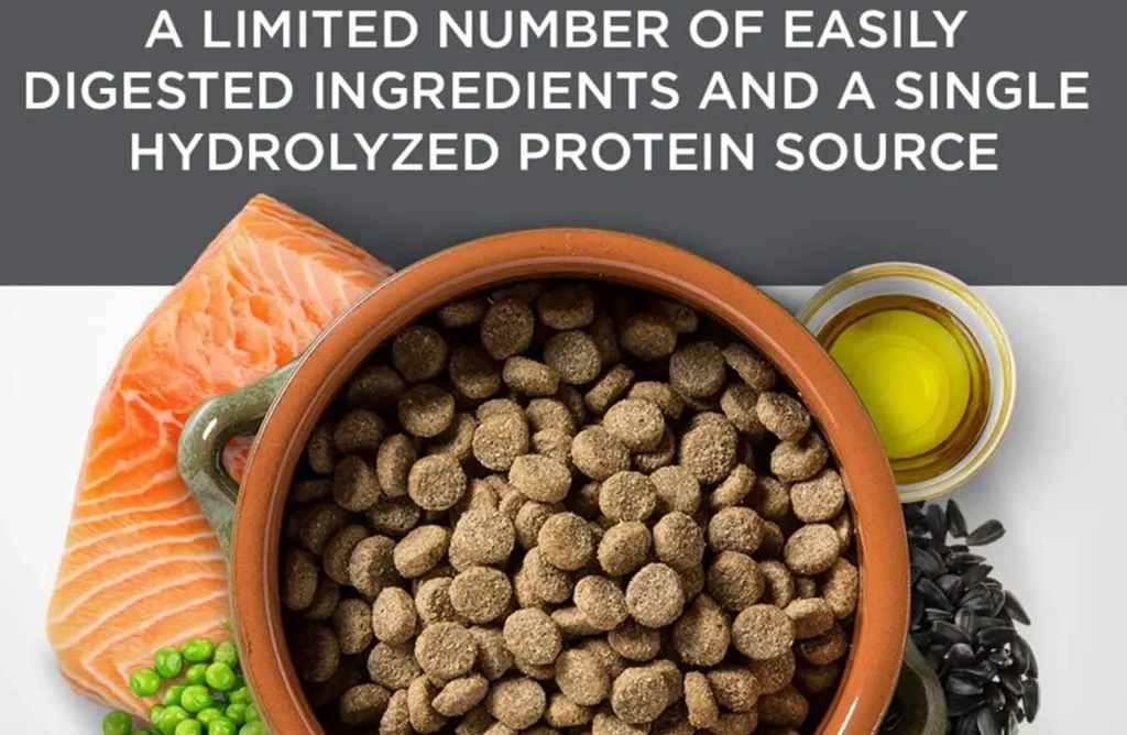 Close-up of Diamond Care kibble with surrounding ingredients like salmon, peas, and oil, highlighting "A limited number of easily digested ingredients and a single hydrolyzed protein source."