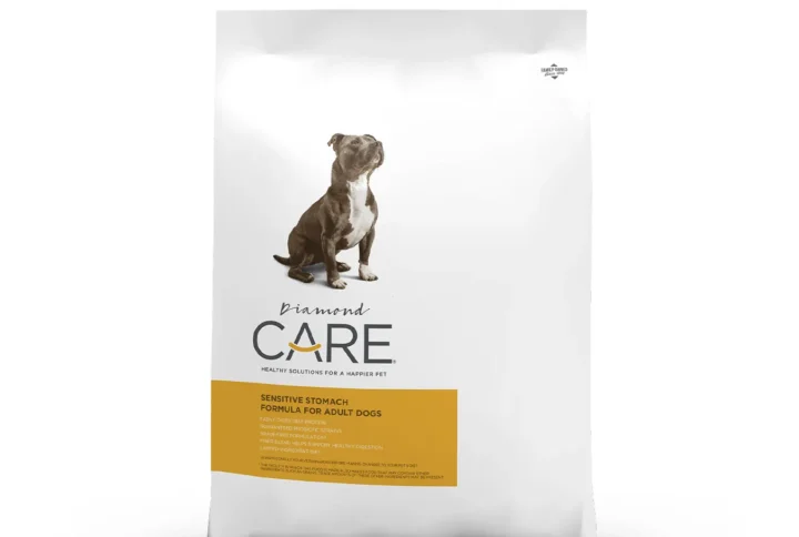 Studio shot of the Diamond Care Sensitive Stomach Formula for Adult Dogs bag. The design features a white background with a brown and white Pit Bull type dog and a golden-yellow band detailing key benefits.
