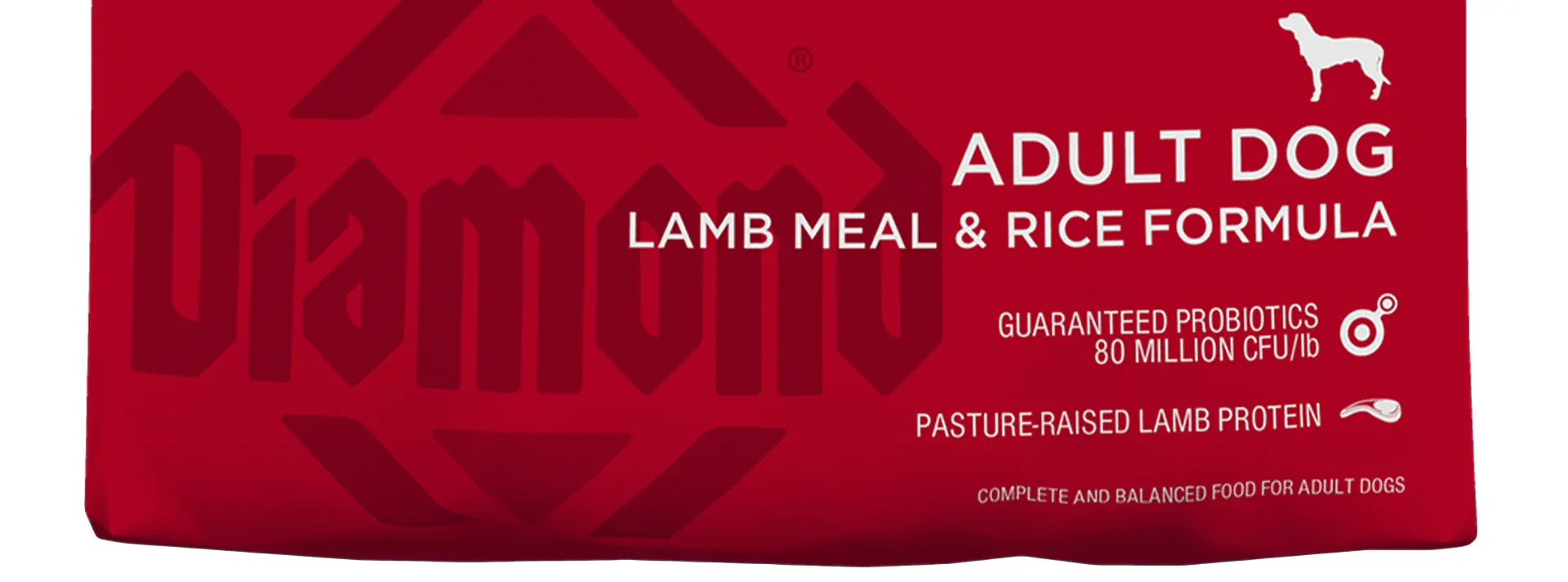 Close-up of the Diamond Naturals Adult Dog Lamb Meal & Rice Formula bag, highlighting "Pasture-Raised Lamb Protein" and "Guaranteed Probiotics."