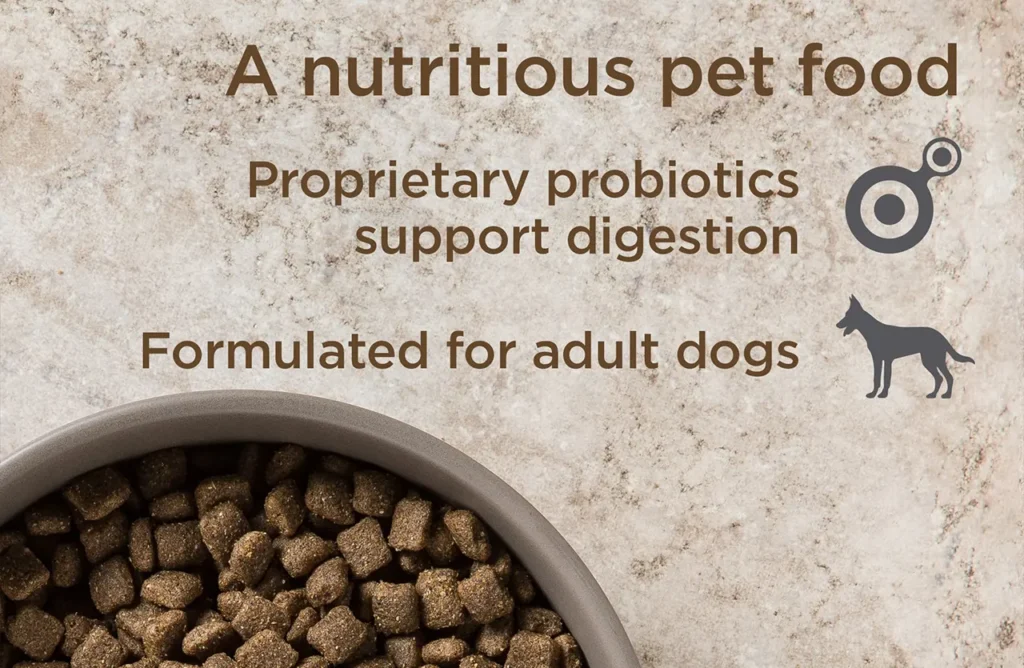 Close-up of Diamond Naturals kibble in a bowl with text highlighting "Proprietary probiotics support digestion" and "Formulated for adult dogs."