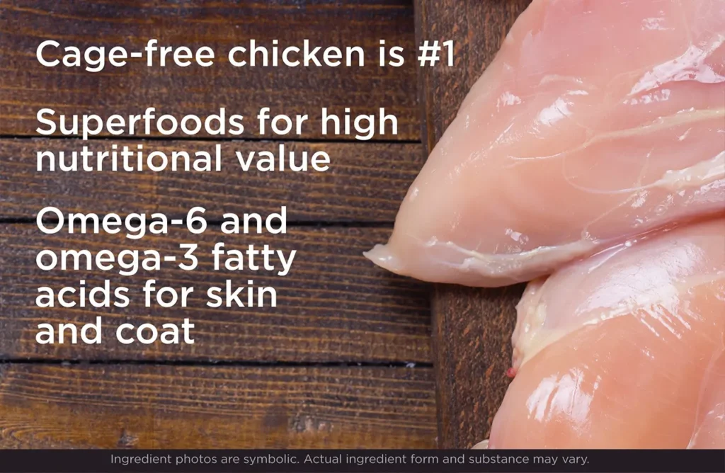 Image of fresh chicken breasts, emphasizing "Cage-free chicken is #1" and highlighting the quality ingredients in Diamond Naturals.