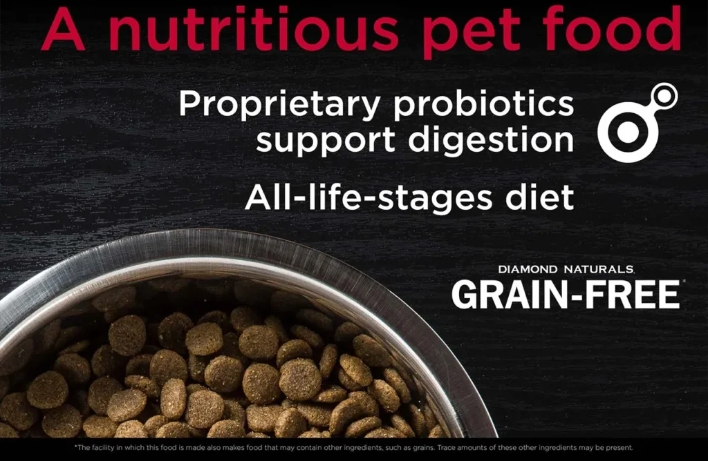 Close-up of Diamond Naturals Grain-Free kibble in a bowl, highlighting "A nutritious pet food," "Proprietary probiotics support digestion," and "All-life-stages diet."
