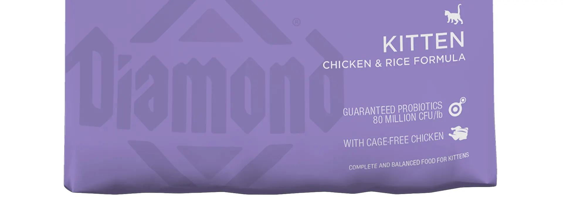 Close-up of the Diamond Naturals Kitten Chicken & Rice Formula bag, highlighting "Kitten" and "With Cage-Free Chicken."