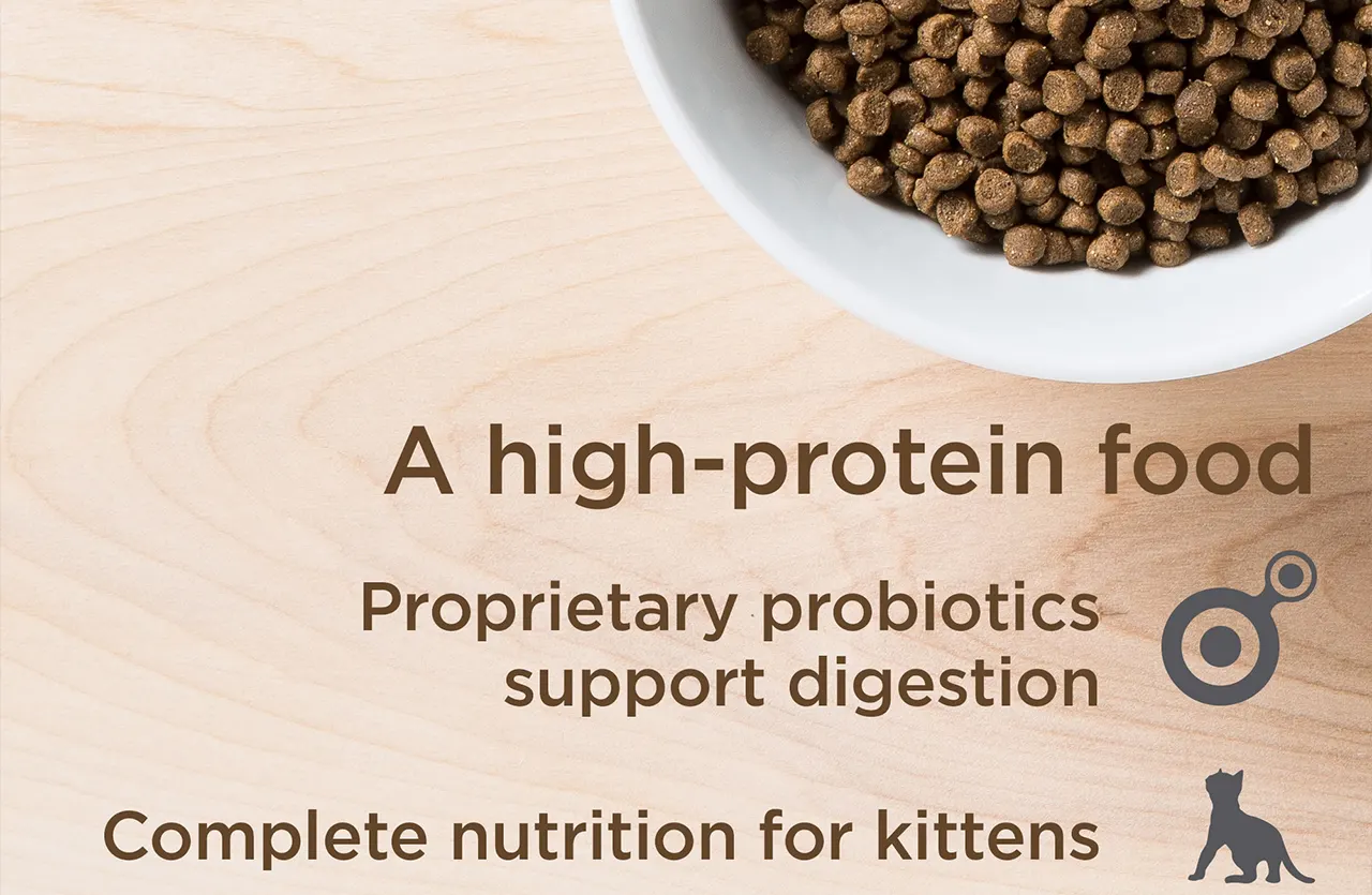 Close-up of Diamond Naturals kitten kibble in a bowl, emphasizing "A high-protein food" and "Complete nutrition for kittens."