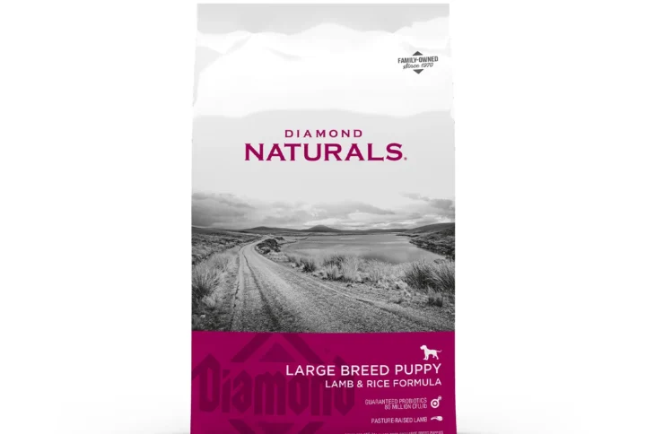 Studio shot of the Diamond Naturals Large Breed Puppy Lamb Meal & Rice Formula bag. The design features a white top section with a black-and-white rural landscape and a vibrant magenta bottom section with key nutritional claims, including "Pasture-Raised Lamb" and "DHA for Brain & Vision Development."