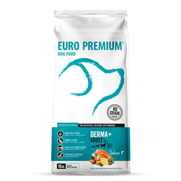Studio shot of Euro Premium Adult DERMA+ Fresh Salmon bag, highlighting its hypoallergenic formula, skin health benefits, and grain-free claim.