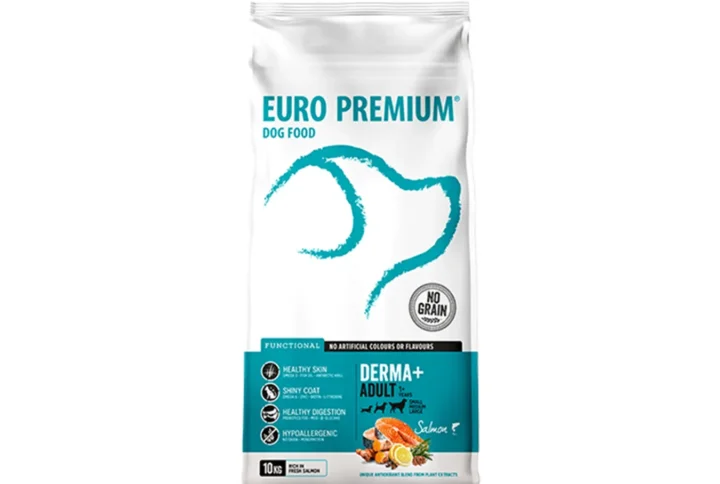 Studio shot of Euro Premium Adult DERMA+ Fresh Salmon bag, highlighting its hypoallergenic formula, skin health benefits, and grain-free claim.