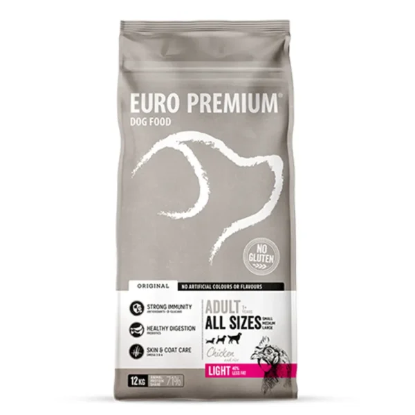 Studio shot of Euro Premium All Sizes Adult Light Chicken & Rice bag, featuring the brand logo, health benefits, and gluten-free claim.