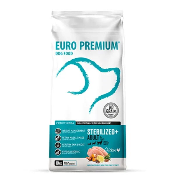 Studio shot of Euro Premium Adult STERILIZED+ Fresh Chicken bag, highlighting its weight management benefits, fresh chicken ingredient, and grain-free claim.