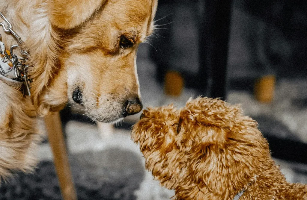A close-up of a Golden Retriever and a smaller brown poodle nose to nose, symbolizing gentle digestion and maximum nutrient absorption for large breeds.