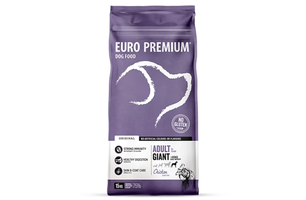A bag of Euro Premium Adult Giant Chicken & Rice dog food, highlighting the premium, carefully selected ingredients for strong and healthy giant dogs.
