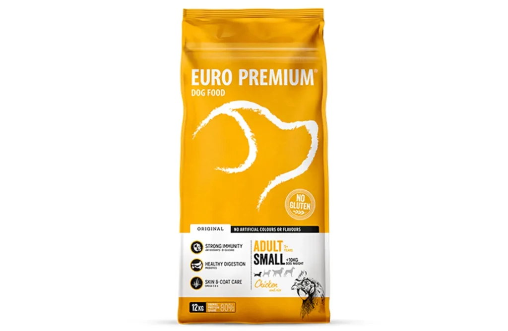 Packaging of Euro Premium Small Adult Chicken & Rice, highlighting key ingredients.