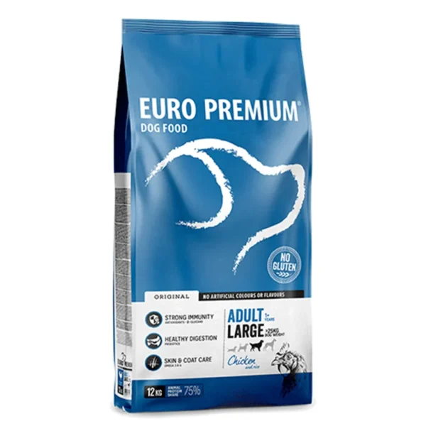 Studio shot of Euro Premium Large Adult Chicken & Rice bag, featuring the brand logo, health benefits, and gluten-free claim.