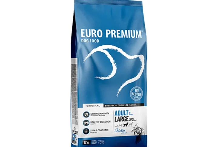 Studio shot of Euro Premium Large Adult Chicken & Rice bag, featuring the brand logo, health benefits, and gluten-free claim.