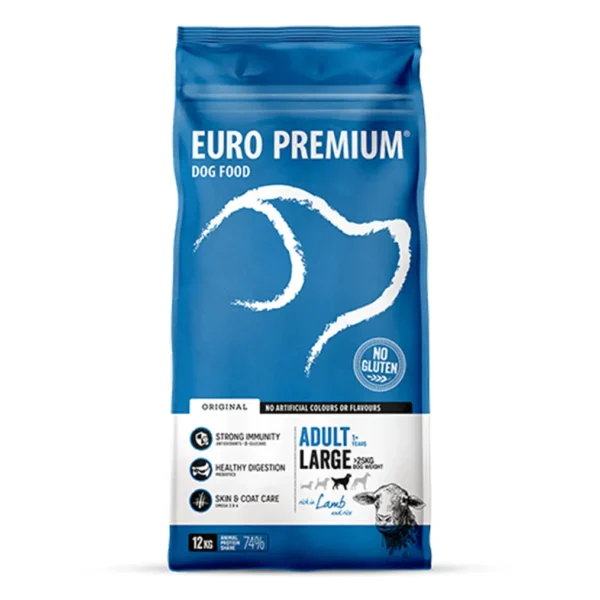 Studio shot of Euro Premium Large Adult Lamb & Rice bag, featuring the brand logo, health benefits, and gluten-free claim.