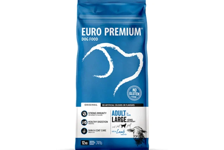 Studio shot of Euro Premium Large Adult Lamb & Rice bag, featuring the brand logo, health benefits, and gluten-free claim.