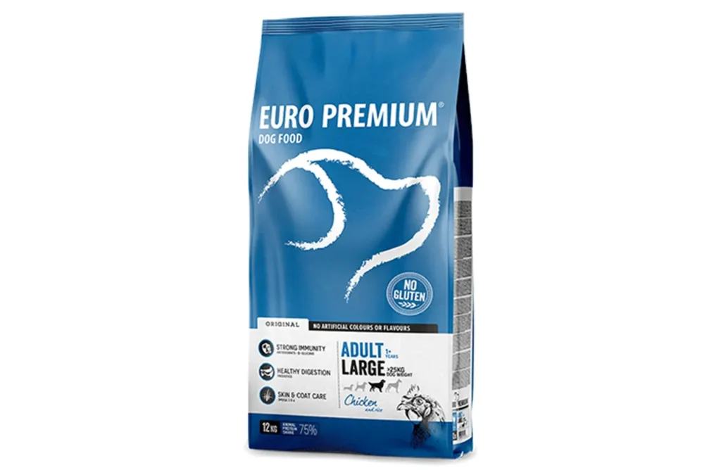 A bag of Euro Premium Adult Large Chicken & Rice dog food, emphasizing its high-quality ingredients for the overall health and well-being of large breeds.
